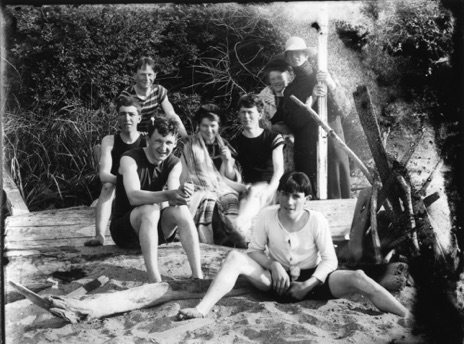 Print from large post card negative.  CV Jones in center of picture. Family history claims that the girl next to him was his girlfriend and they almost married.